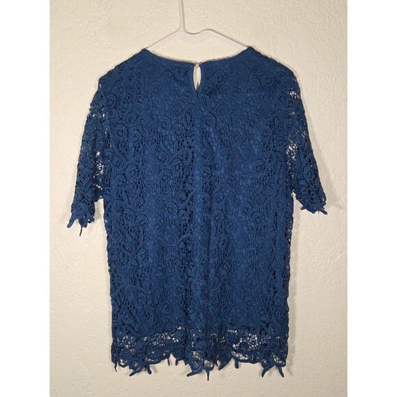 Philosophy Blue Lace Lined Crew Neck Short Sleeve Blouse Top sz L - Picture 5 of 6